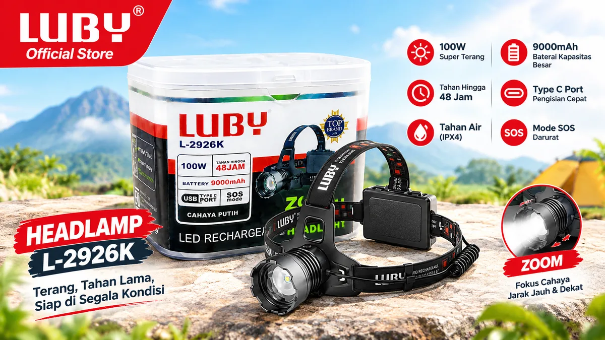 Review Luby L-2926 Headlamp 100W dengan Zoom dan Baterai 9000mAh