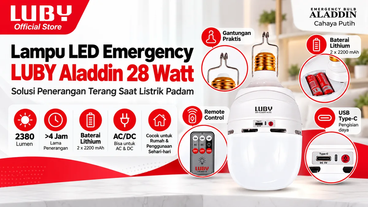 Lampu LED Emergency LUBY Aladdin 28 Watt Solusi Penerangan Terang Saat Listrik Padam
